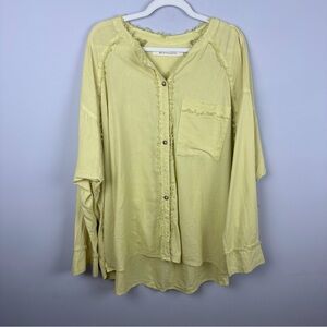 Free People Keep It Simple Button Down Shirt Frayed Edges Yellow/Green  size M